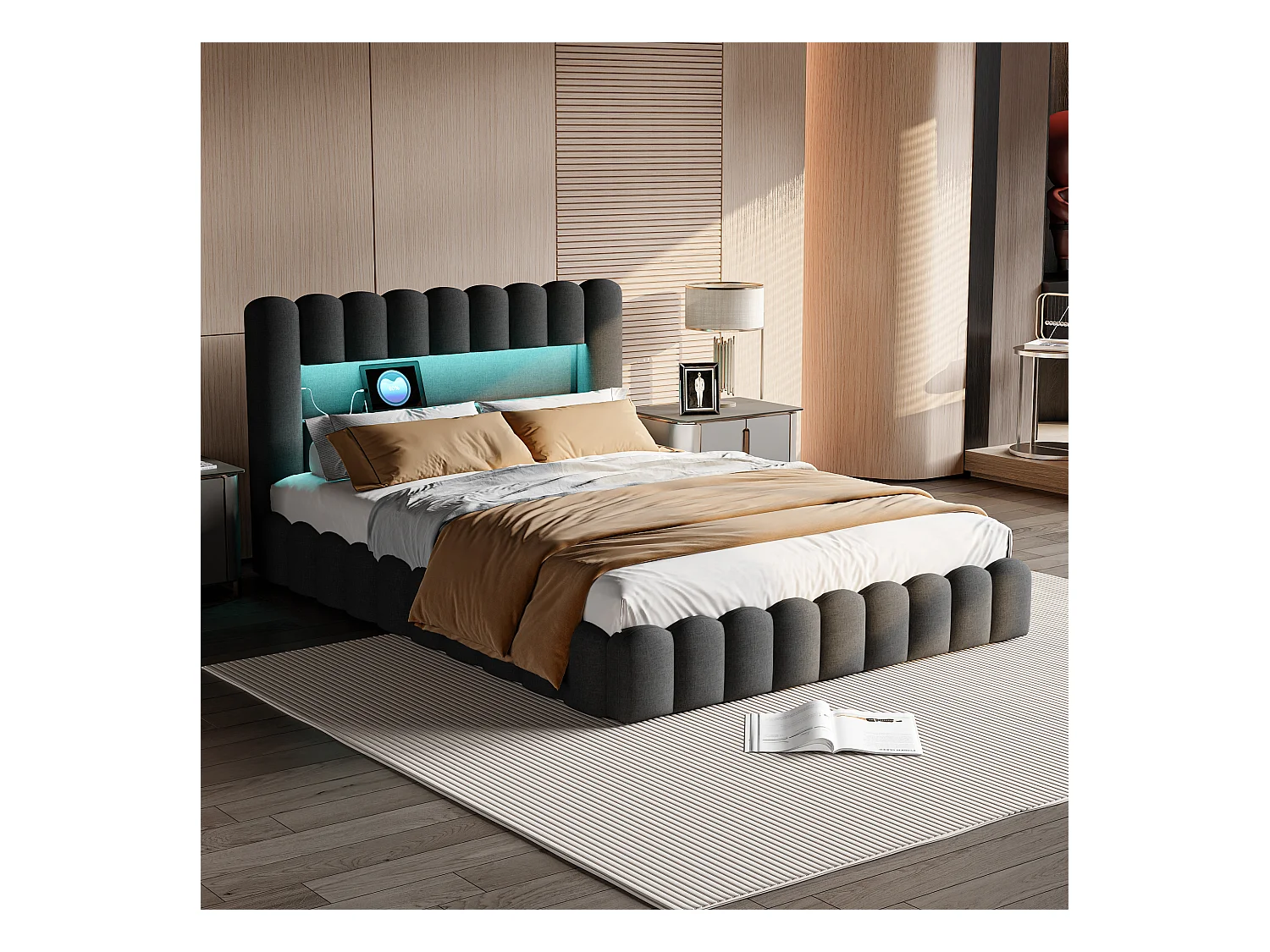 Bubbelbed 180 x 200 cm, met LED en USB, met opbergruimte, met lattenbodem, Grijs