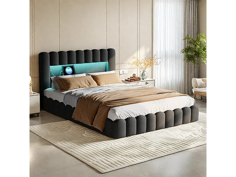 Lit à bulles 180 x 200 cm, avec LED et USB, avec espace de rangement, avec sommier à lattes, Gris