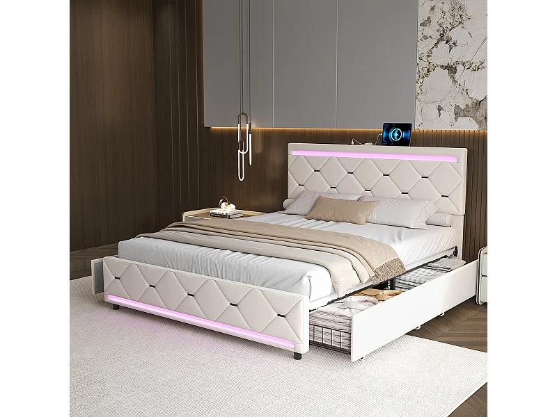 Cama de 160x200 con base LED y USB, Cama de matrimonio tapizada con 4 cajones de almacenaje, Color blanco roto