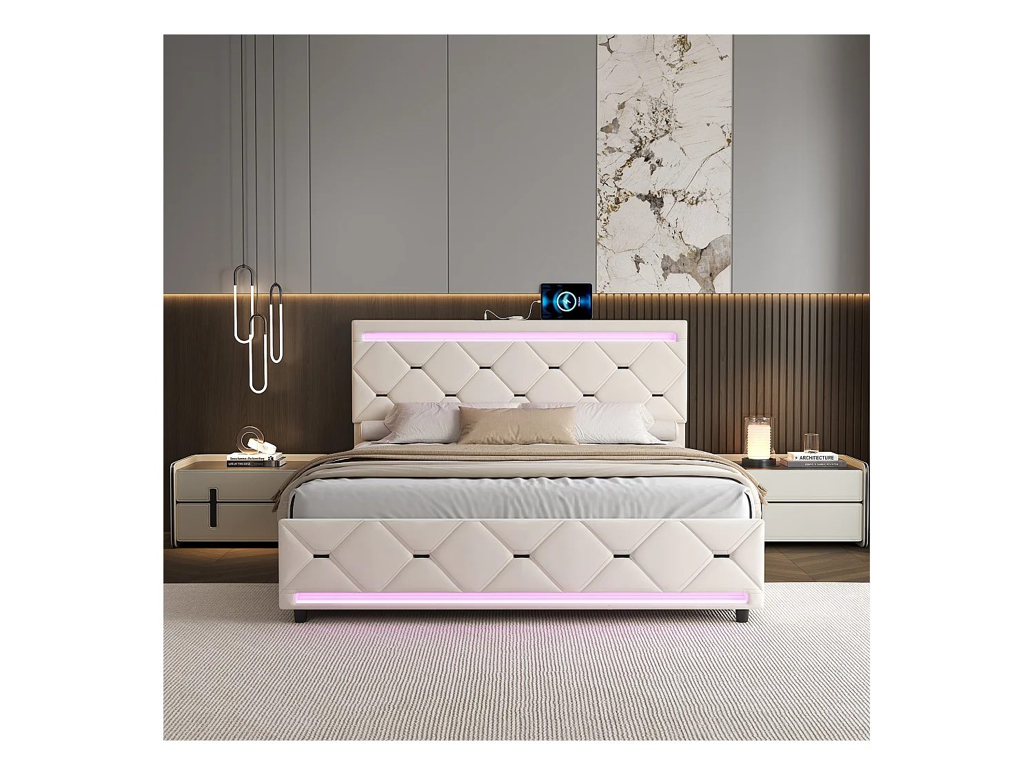 Letto 160x200 con base LED e USB, Letto matrimoniale imbottito con 4 cassetti contenitore, Bianco sporco