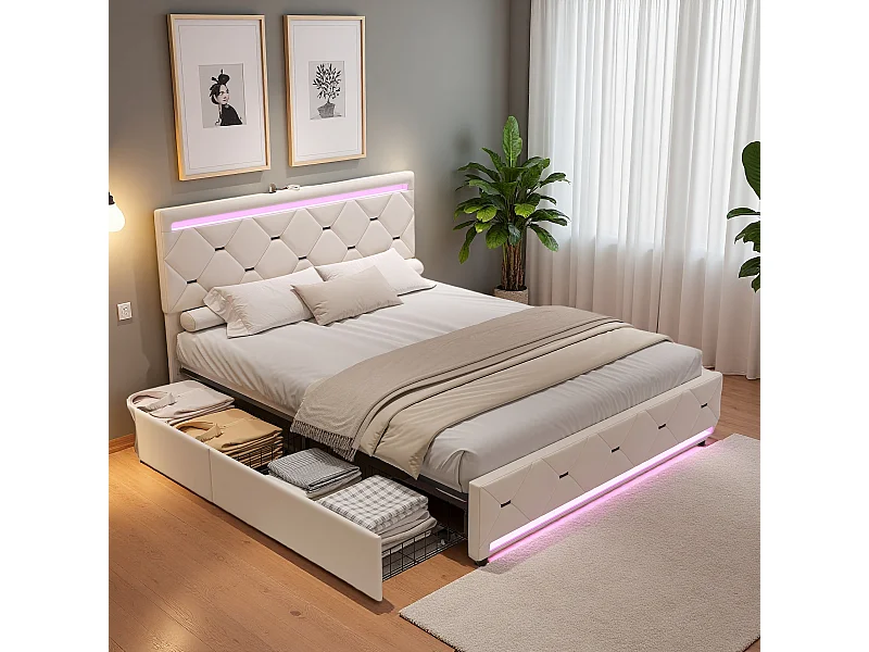 Cama de casal estofada 160x200 cm com 4 gavetas, iluminação LED e carregamento USB, veludo, branco