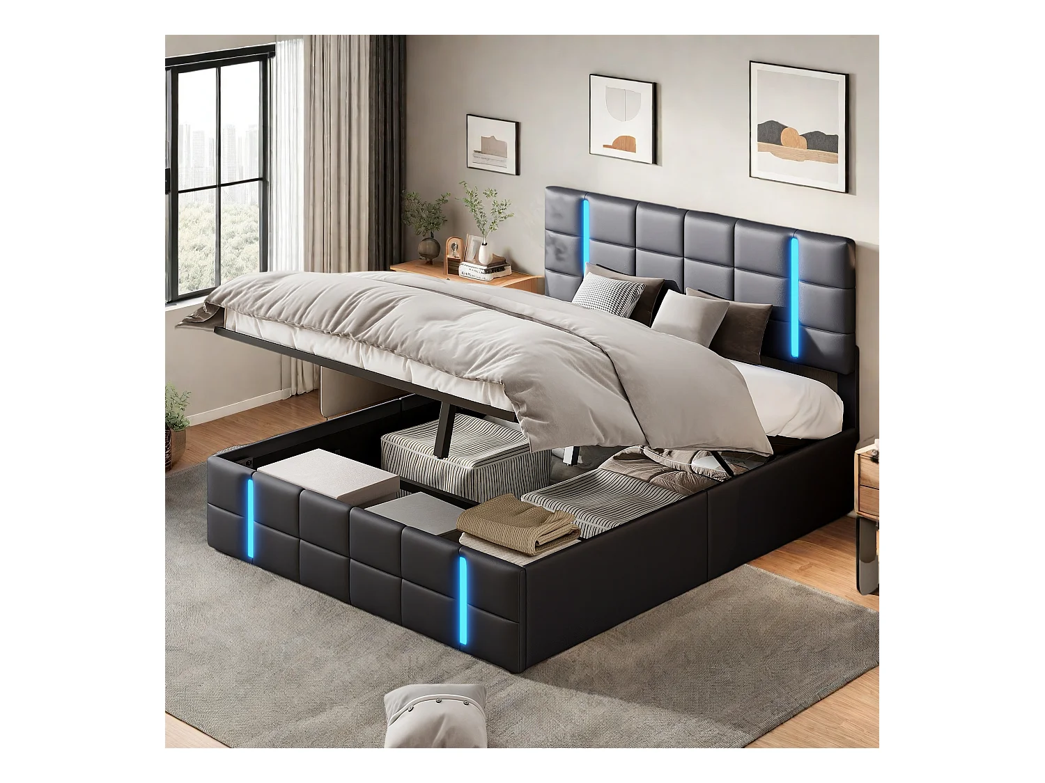 Cama Canapé 140x200 cm con Base, Cama Matrimonial Tapizada con Iluminación LED y Puerto USB, PU, Negro