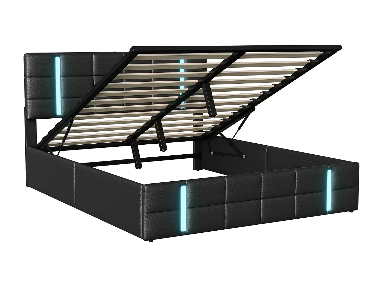 Letto contenitore 140x200 cm con base, letto matrimoniale imbottito con illuminazione a LED e porta USB, PU, nero