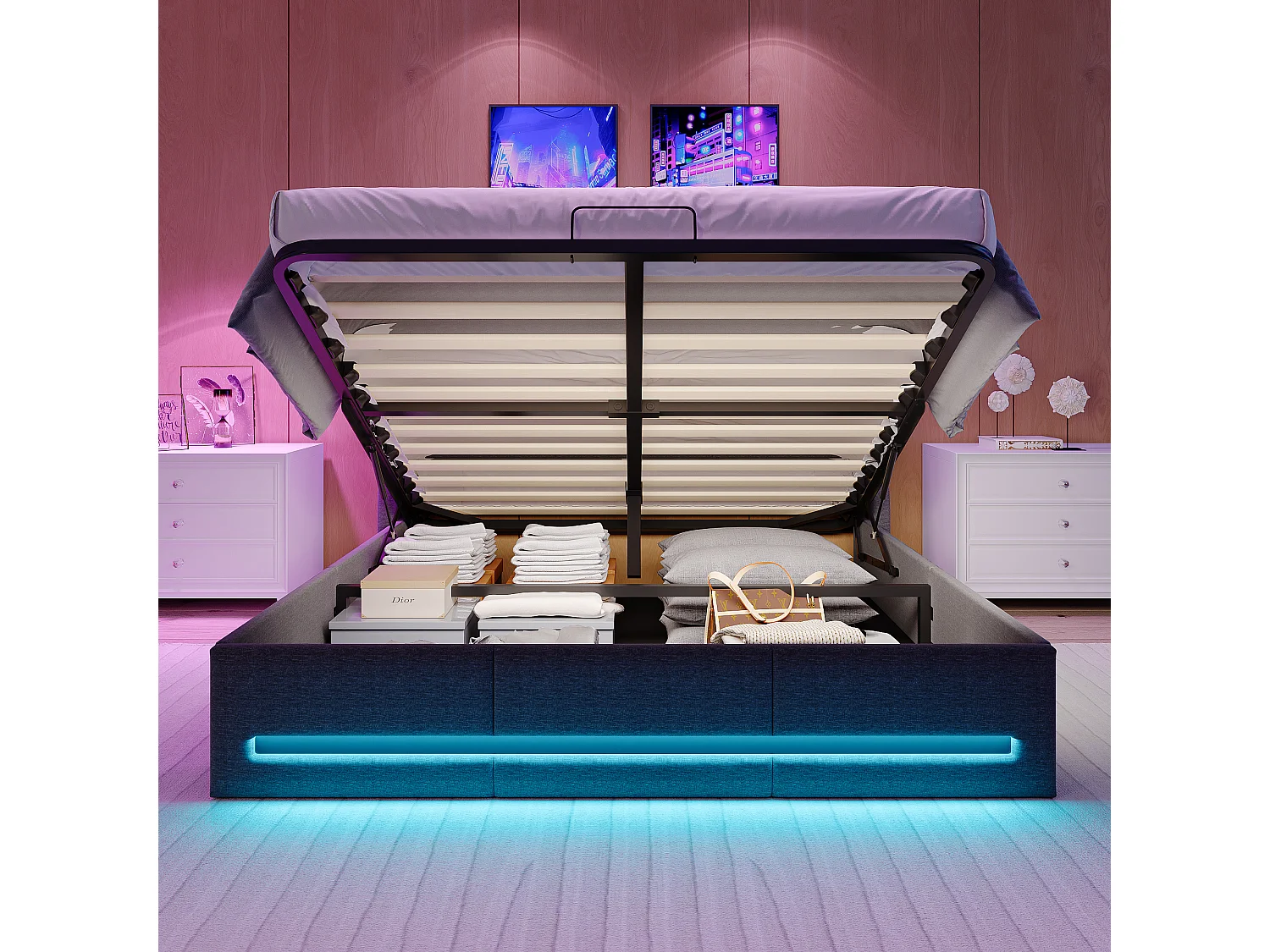Cama de casal de 140x190cm com estrado de ripas com LED e USB, com espaço para arrumação, roupa de cama, cor cinza.