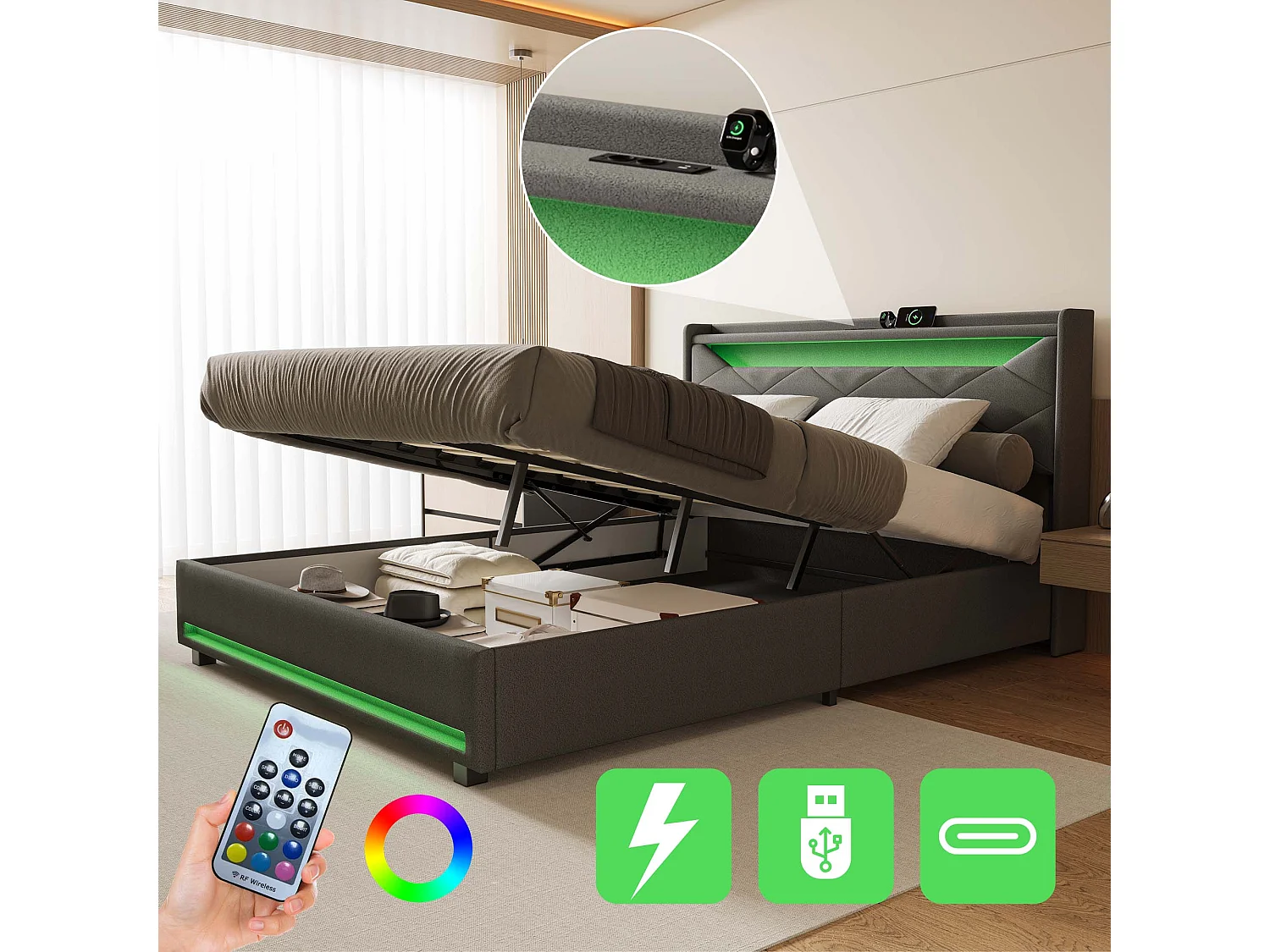 Cama de casal 140 x 200 cm com LED, com espaço de armazenamento, com base de ripas, cinza