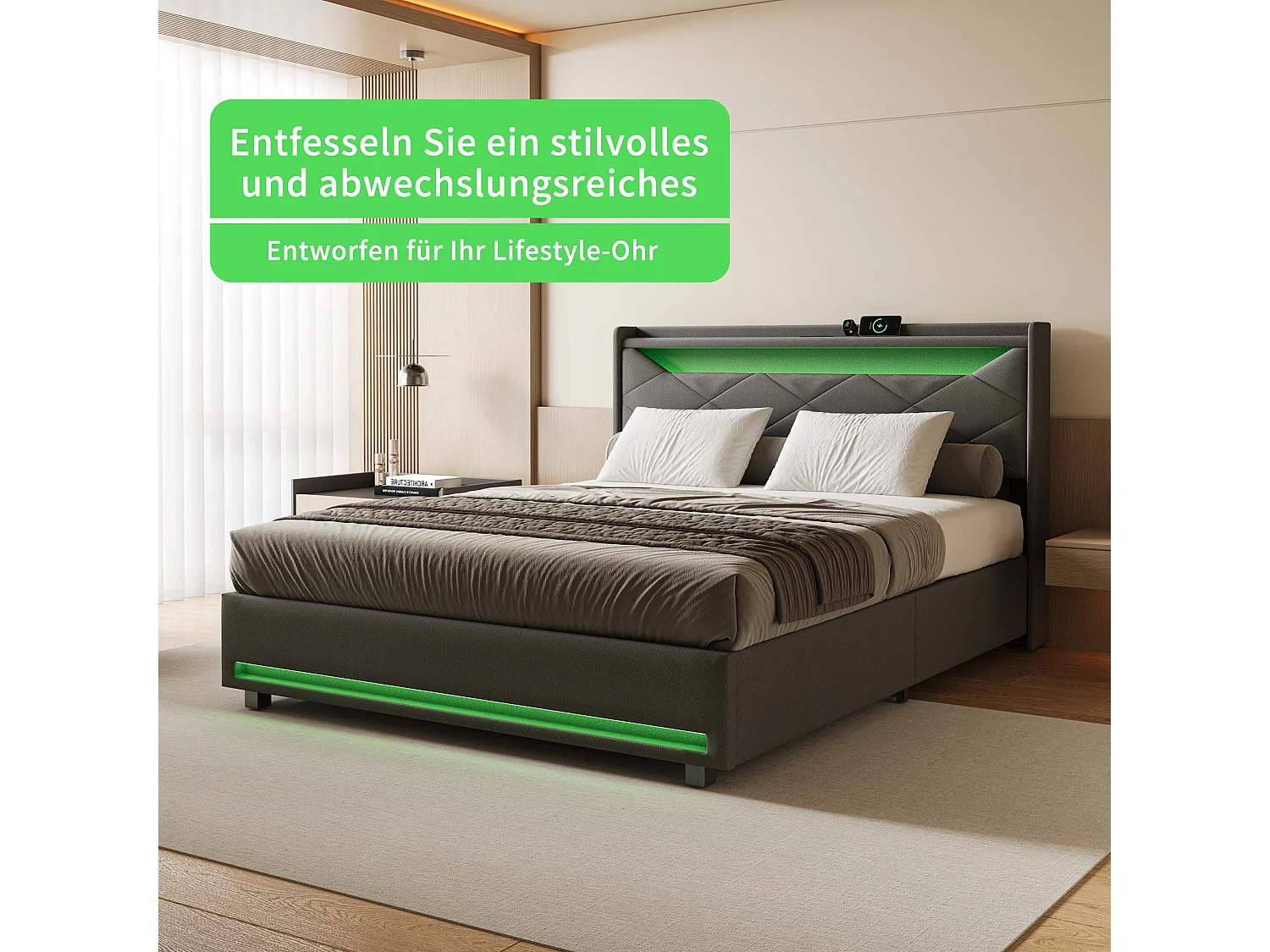 Cama de casal 140 x 200 cm com LED, com espaço de armazenamento, com base de ripas, cinza