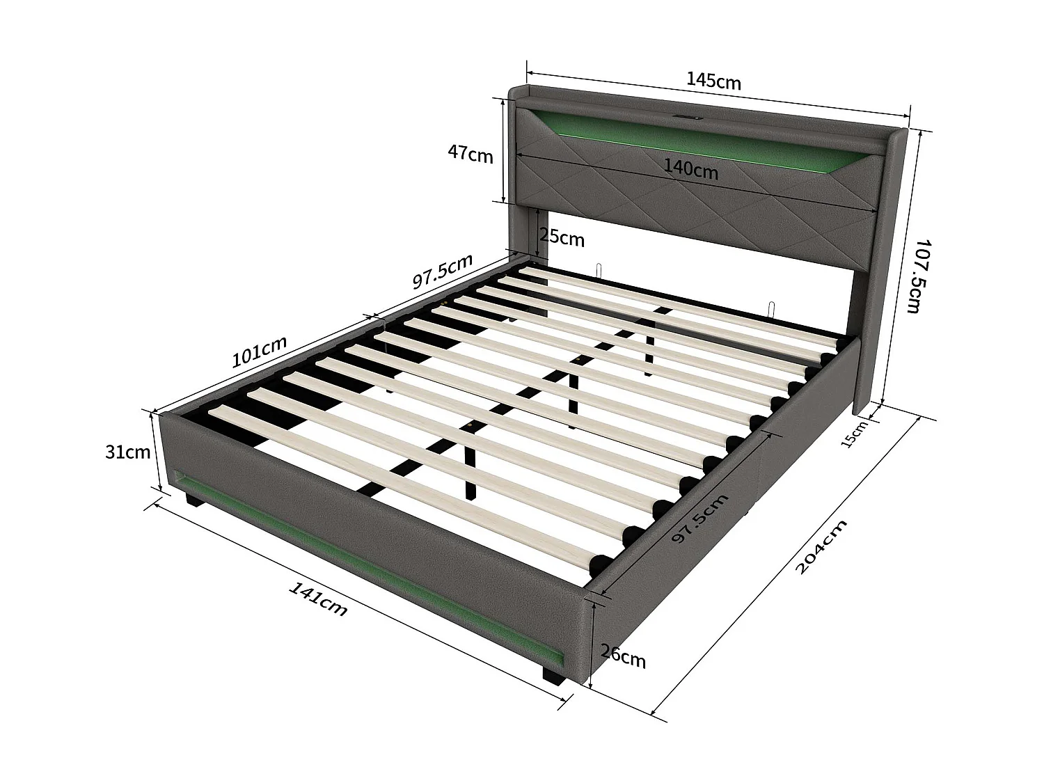 Tweepersoonsbed 140 x 200 cm met LED, met opbergvak, met lattenbodem, grijs