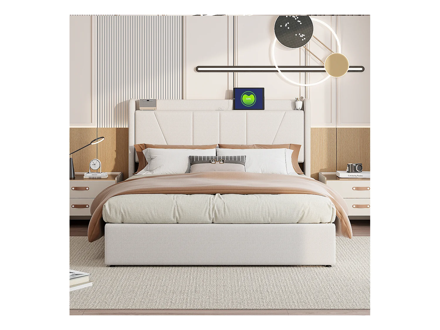 Cama con almacenaje de 140 x 200 cm con base, LED, USB - Espacio de almacenamiento, beige