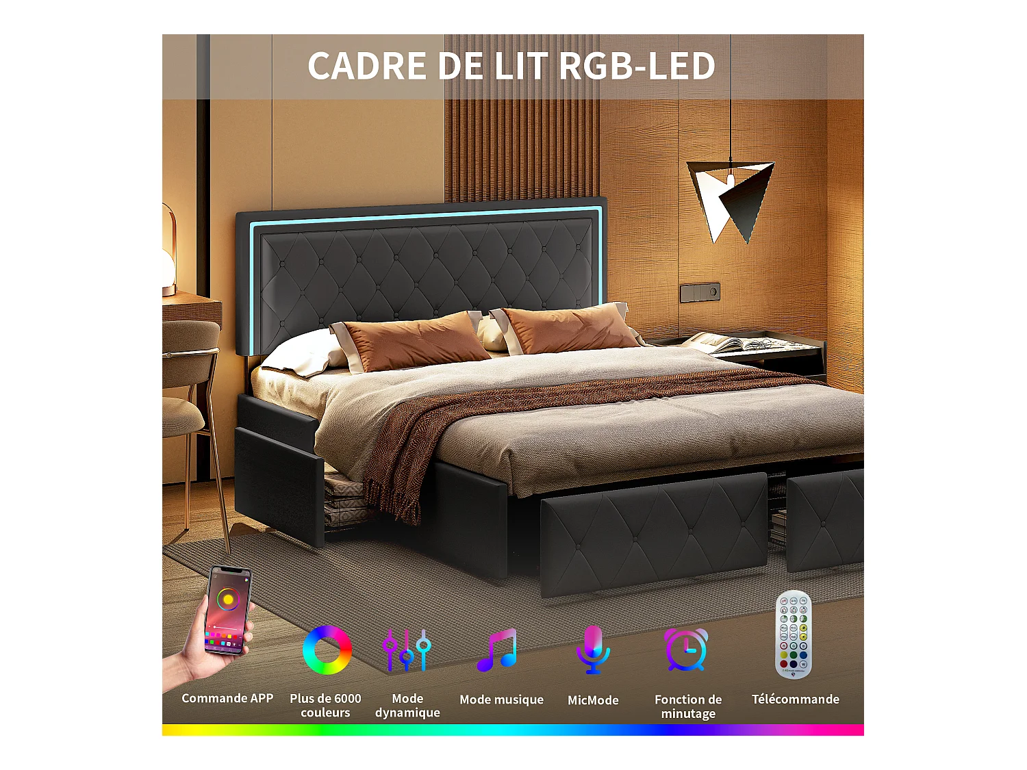 Lit Capitonné 160x200cm avec LED, avec 4 Tiroirs de Rangement, avec Sommier à Lattes, PU, Gris