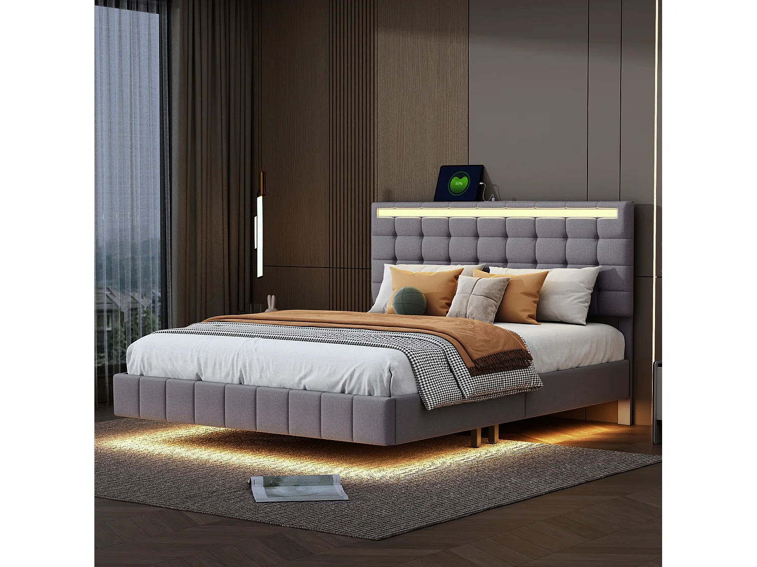 Letto 160 x 200 cm con illuminazione a LED e testiera regolabile, rete a doghe, tessuto di lino, grigio
