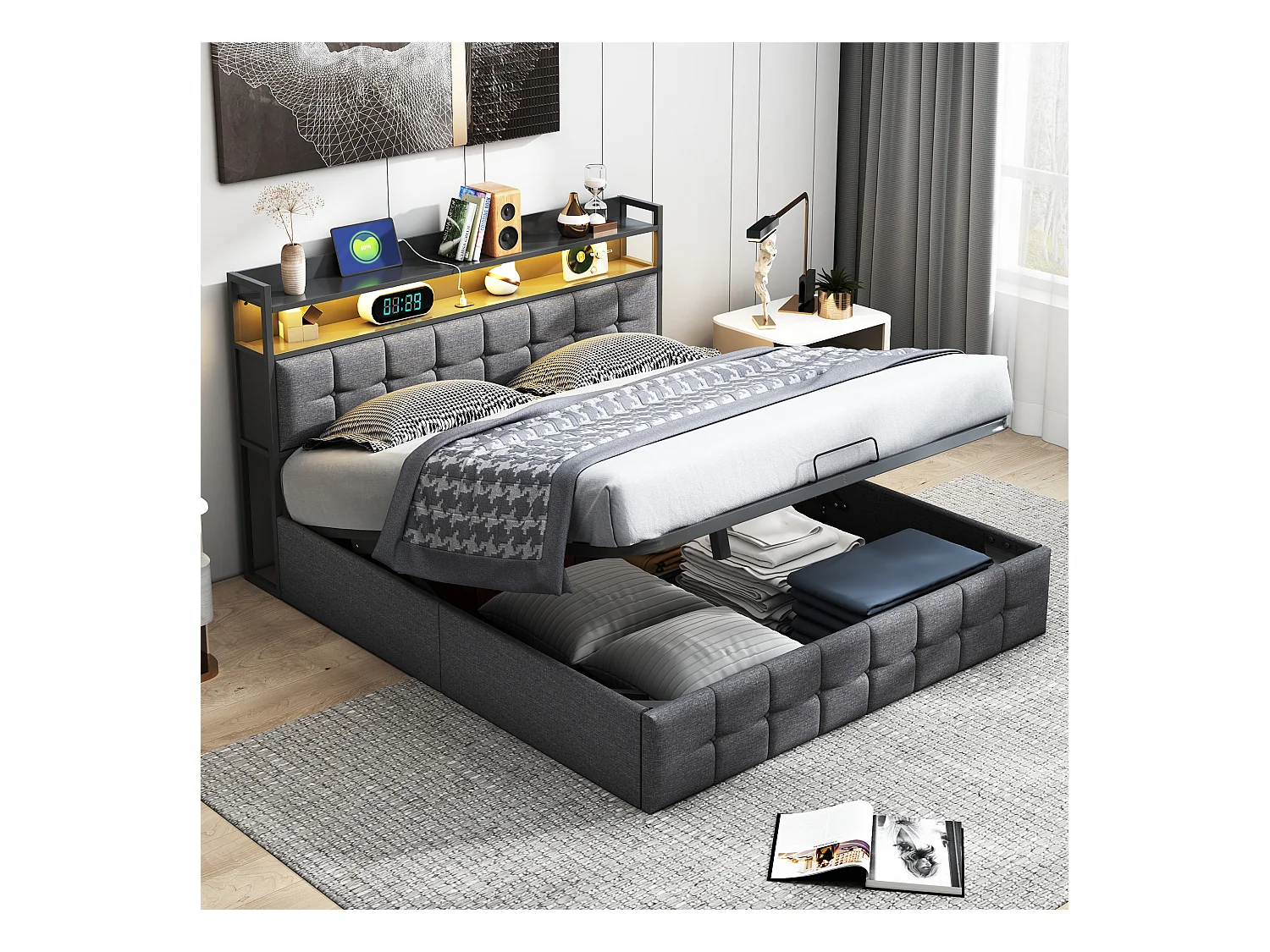 Cama doble tapizada de 140 x 190 cm, con luces LED y puerto USB, con somier de láminas, lino, gris