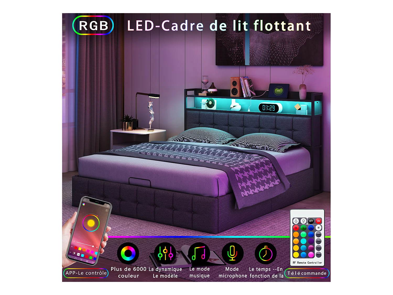 Cama doble tapizada de 140 x 190 cm, con luces LED y puerto USB, con somier de láminas, lino, gris