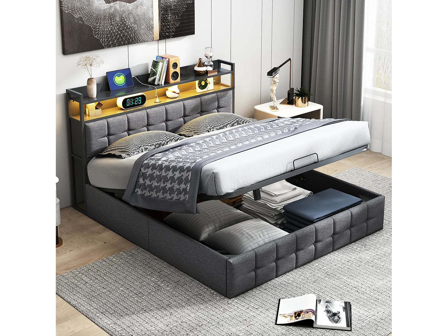 Gestoffeerd tweepersoonsbed 140x190 cm, met ledverlichting en USB-poort, met lattenbodem, linnen, grijs