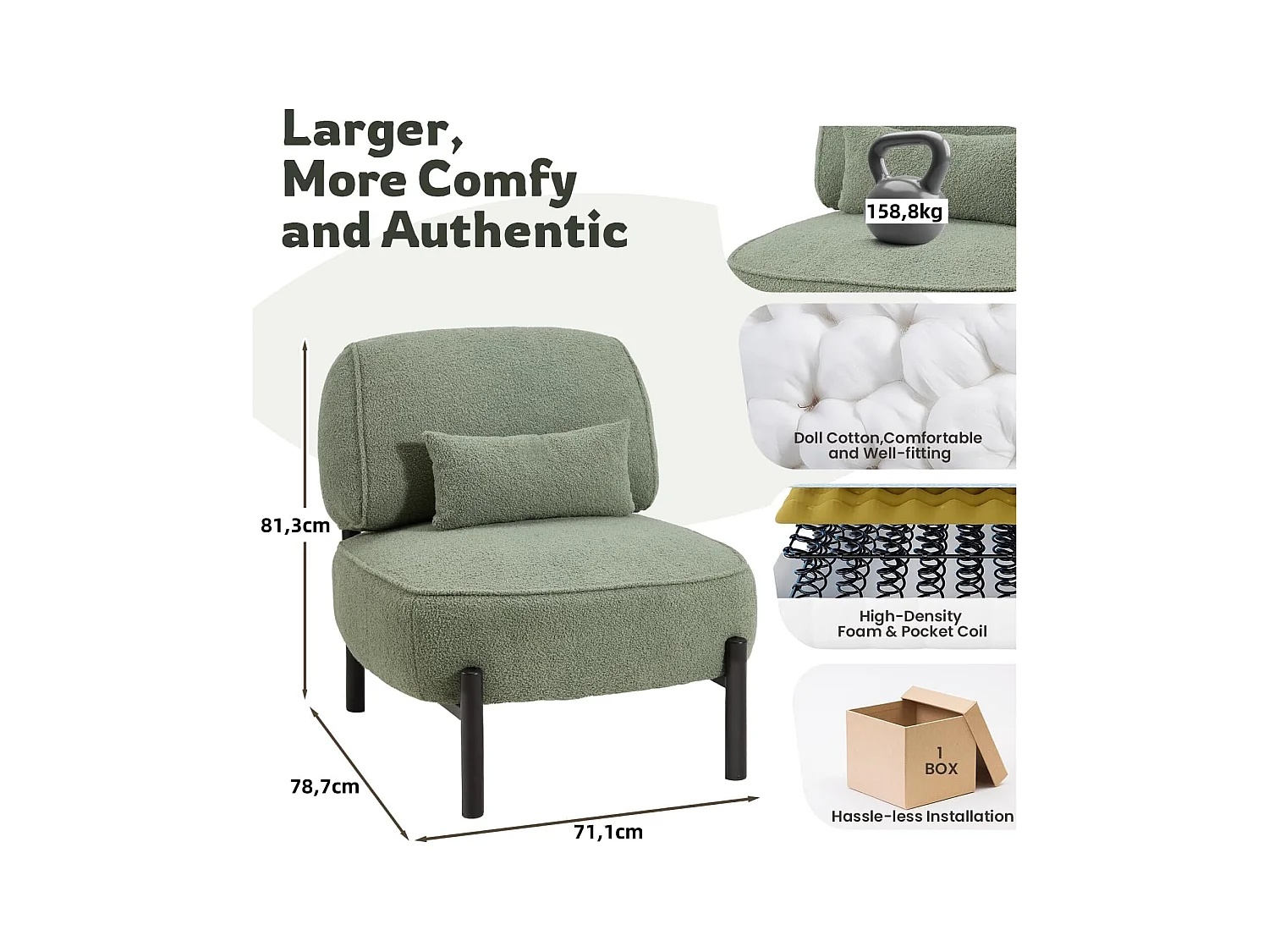 YODOLLA Fauteuil lounge de relaxation, Fauteuil lounge extra-grand rembourré Teddy avec coussins, Fauteuil lecteur confortable pour chambre, Vert