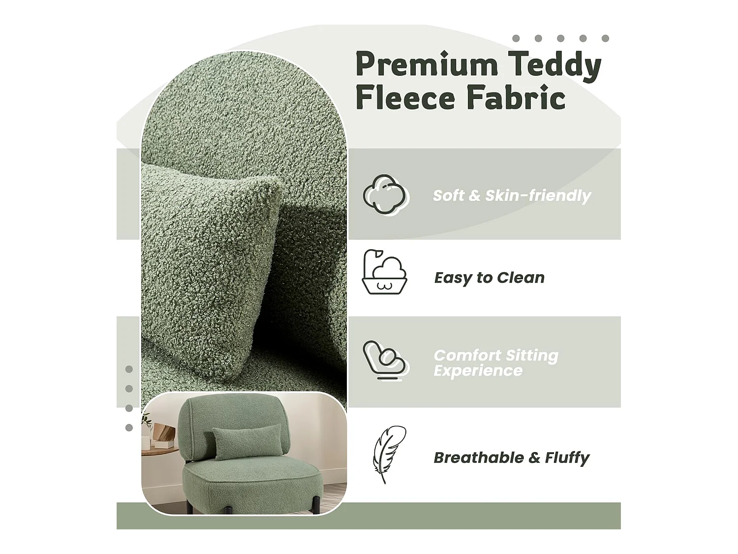 YODOLLA Fauteuil lounge de relaxation, Fauteuil lounge extra-grand rembourré Teddy avec coussins, Fauteuil lecteur confortable pour chambre, Vert