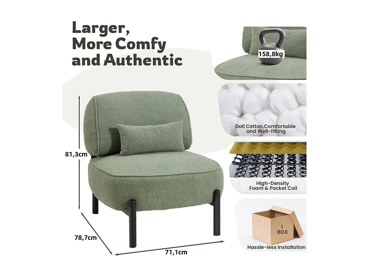 YODOLLA Fauteuil lounge de relaxation, Fauteuil lounge extra-grand rembourré Teddy avec coussins, Fauteuil lecteur confortable pour chambre, Vert