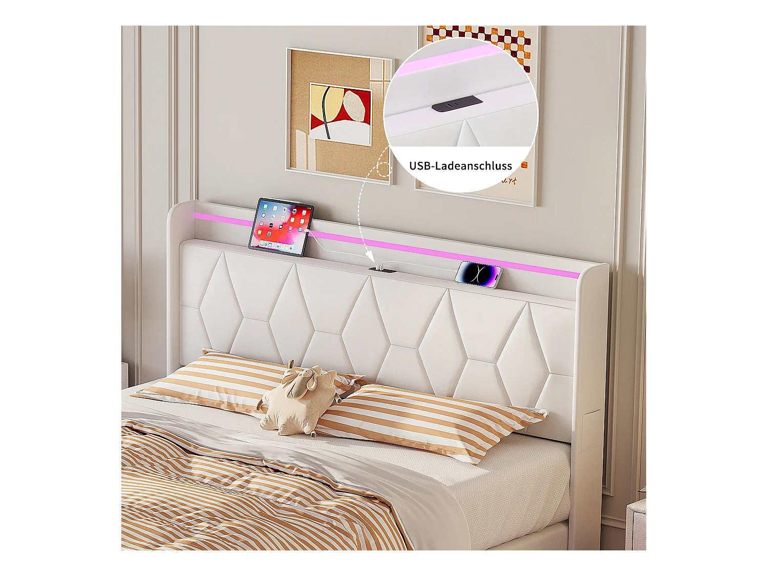 Letto matrimoniale 160x200 con LED e USB, letto contenitore con rete a doghe e testiera, velluto, bianco