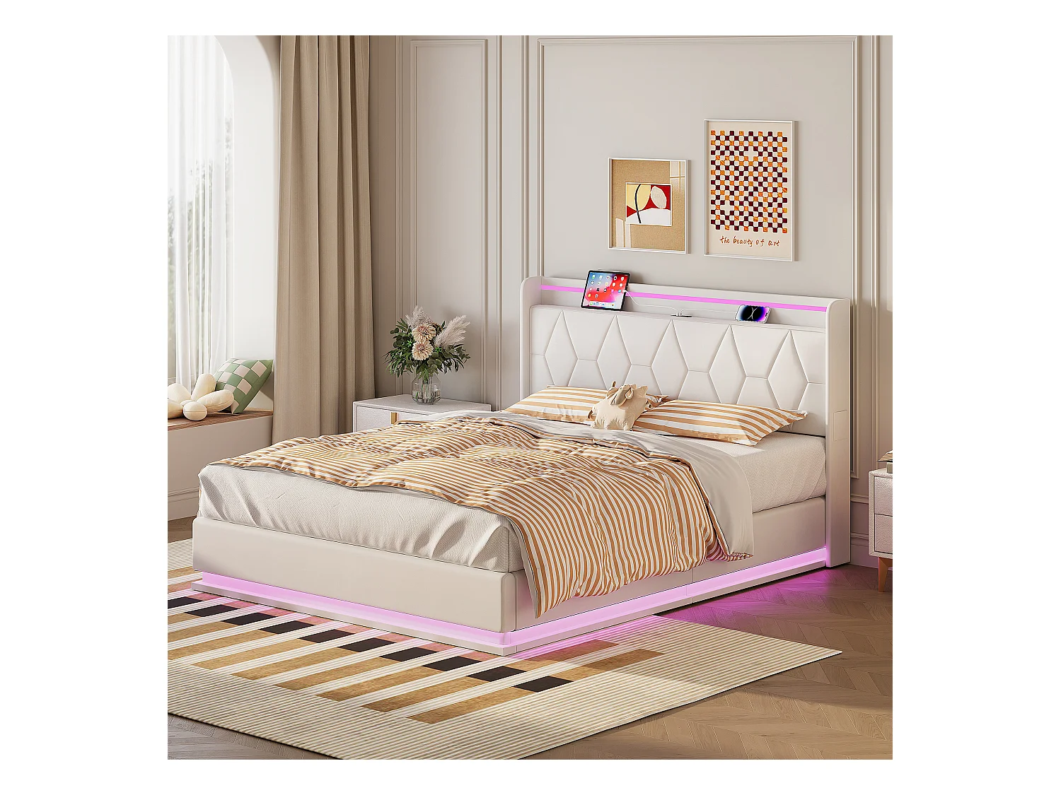 Cama de casal 160x200 com LED e USB, cama com arrumação e estrado de ripas e cabeceira, veludo, branco