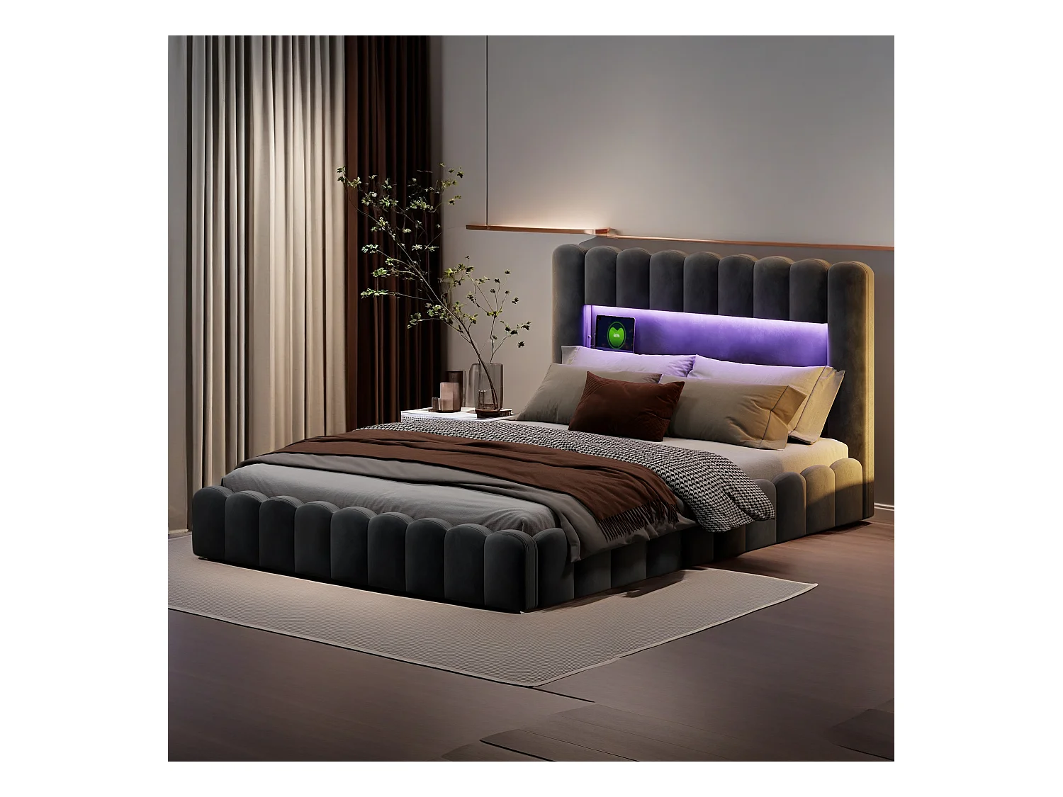 Gestoffeerd tweepersoonsbed, bubbel, 180 x 200 cm, met LED en USB, opbergbed, Grijs