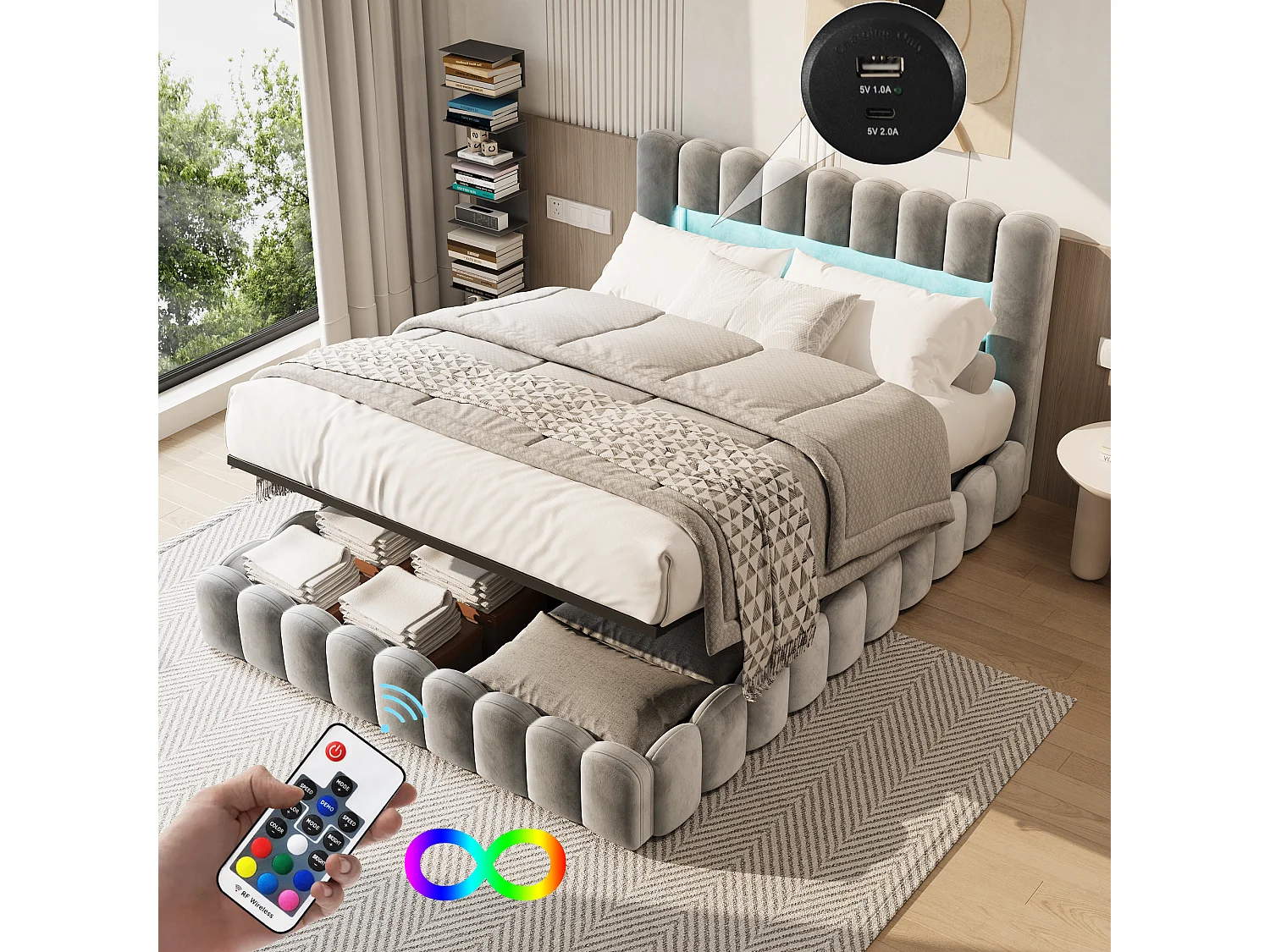 Gestoffeerd tweepersoonsbed, bubbel, 180 x 200 cm, met LED en USB, opbergbed, Grijs