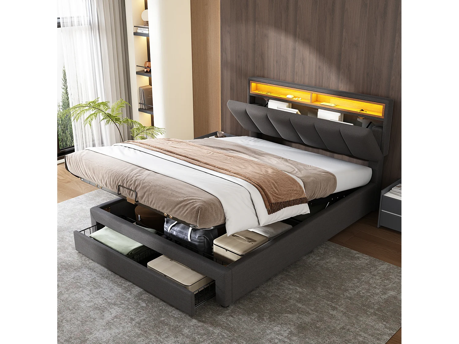 Lit capitonné,180 x 200 cm, LED, tiroirs et grand espace de rangement pour tête de lit, lin, gris