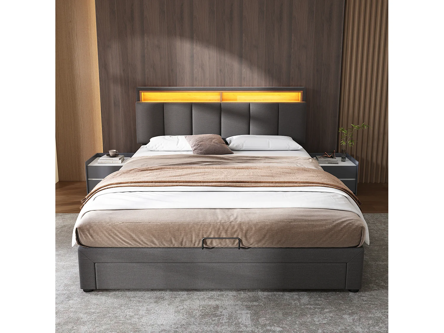 Lit capitonné,180 x 200 cm, LED, tiroirs et grand espace de rangement pour tête de lit, lin, gris