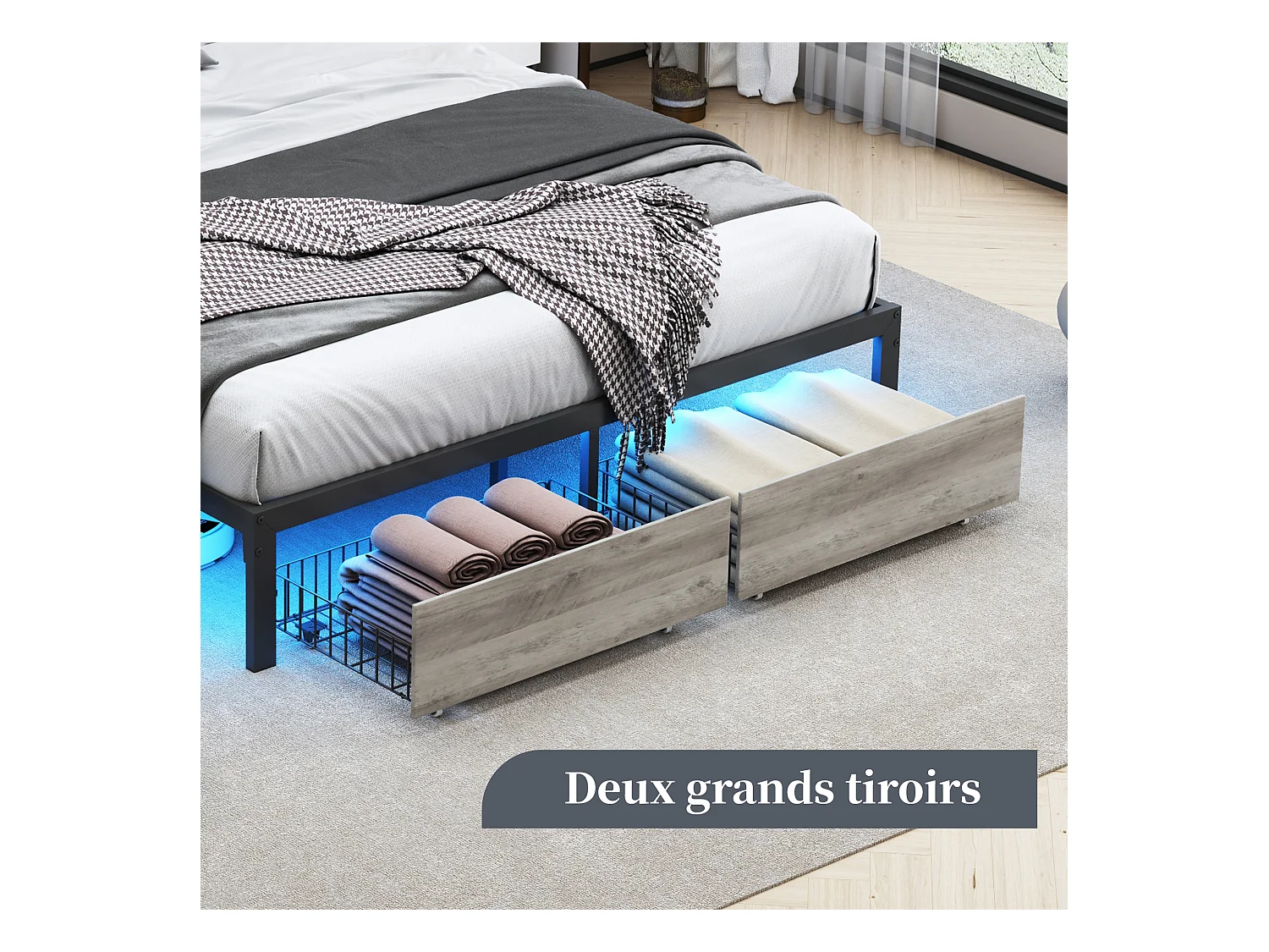 Lit Double en Métal 160 x 200 cm avec LED et USB, avec Rangement, Sommier à Lattes, Noir