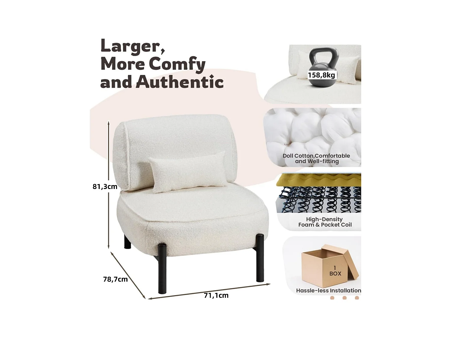 YODOLLA Fauteuil lounge de relaxation, Fauteuil lounge extra-grand rembourré Teddy avec coussins, Fauteuil lecteur confortable pour chambre, Blanc