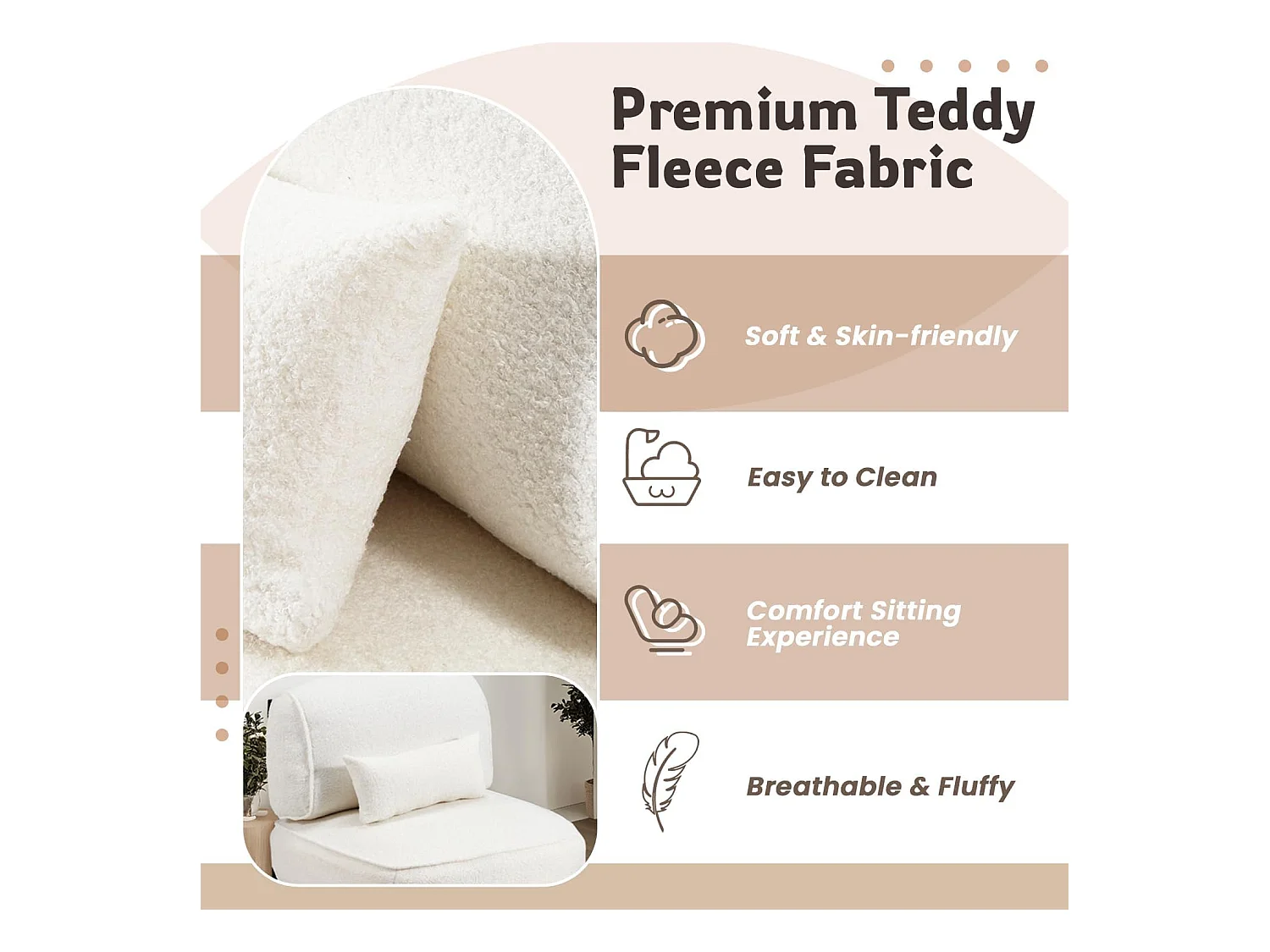 YODOLLA Fauteuil lounge de relaxation, Fauteuil lounge extra-grand rembourré Teddy avec coussins, Fauteuil lecteur confortable pour chambre, Blanc