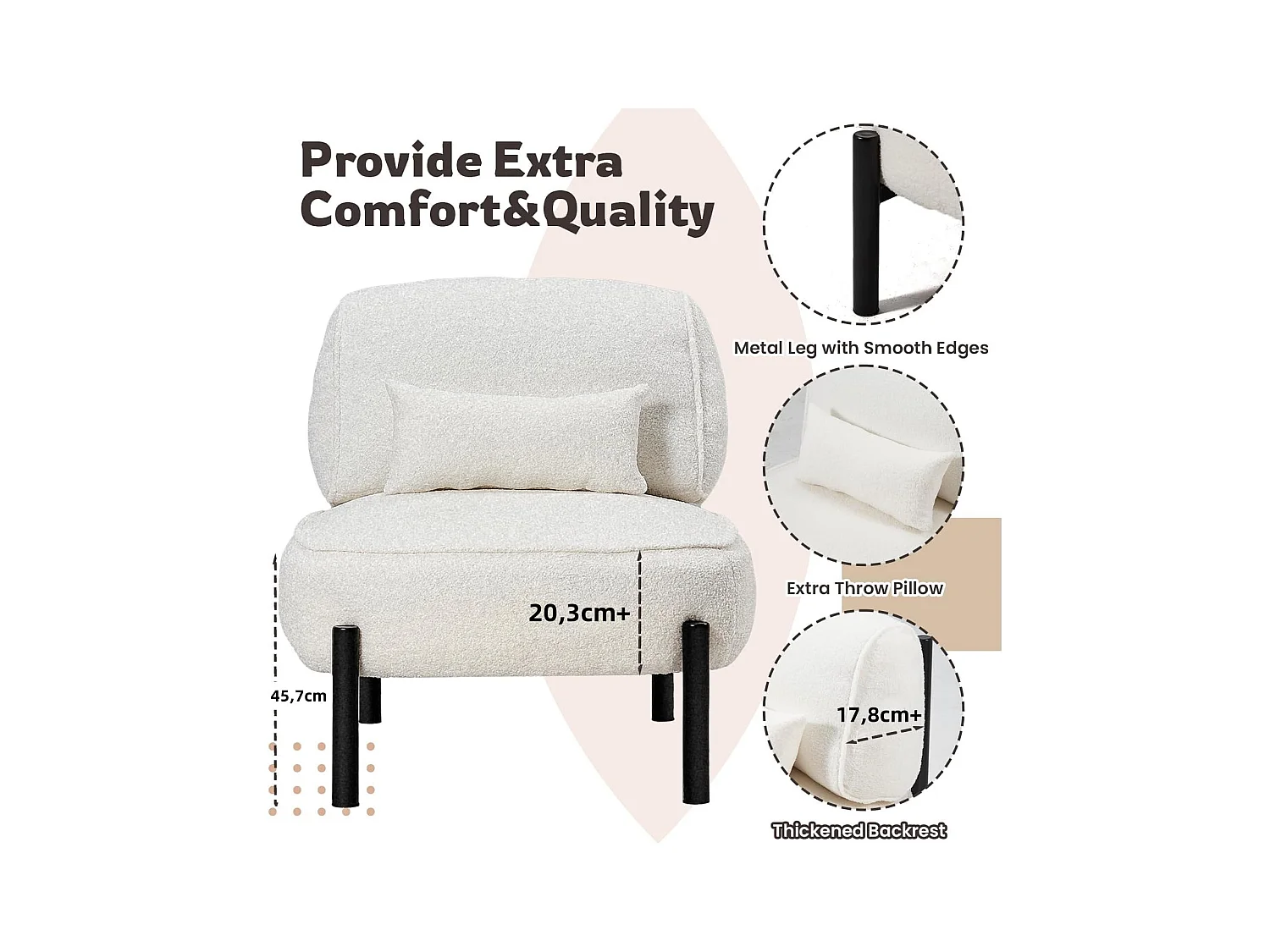 YODOLLA Fauteuil lounge de relaxation, Fauteuil lounge extra-grand rembourré Teddy avec coussins, Fauteuil lecteur confortable pour chambre, Blanc