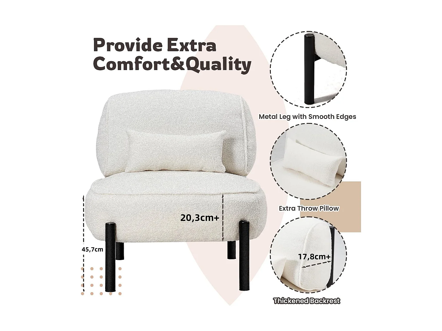 YODOLLA Fauteuil lounge de relaxation, Fauteuil lounge extra-grand rembourré Teddy avec coussins, Fauteuil lecteur confortable pour chambre, Blanc