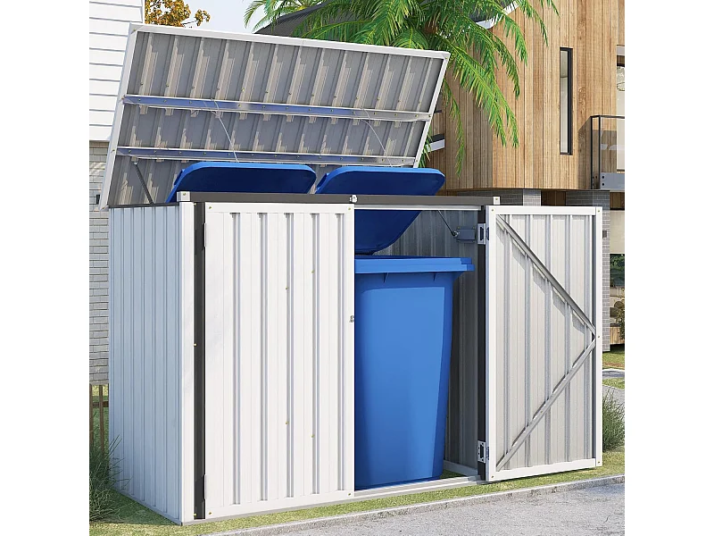 YODOLLA Cache Poubelle Exterieur en Métal, Abri pour 2 Poubelles 240L, Rangement Exterieur pour Outils,Vélo Enfant,150 x 80 x 117.6cm(Blanc)