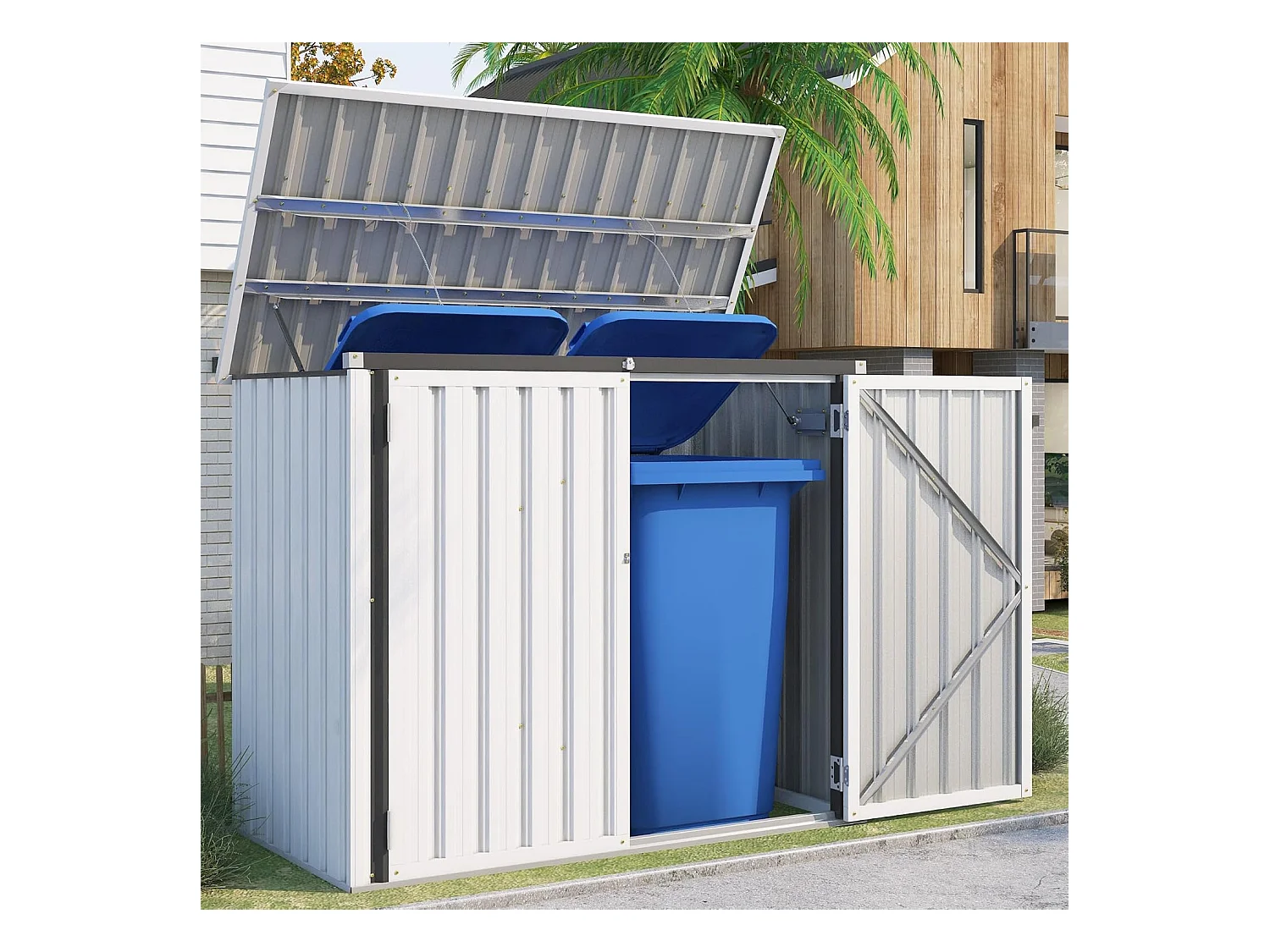 YODOLLA Cache Poubelle Exterieur en Métal, Abri pour 2 Poubelles 240L, Rangement Exterieur pour Outils,Vélo Enfant,150 x 80 x 117.6cm(Blanc)