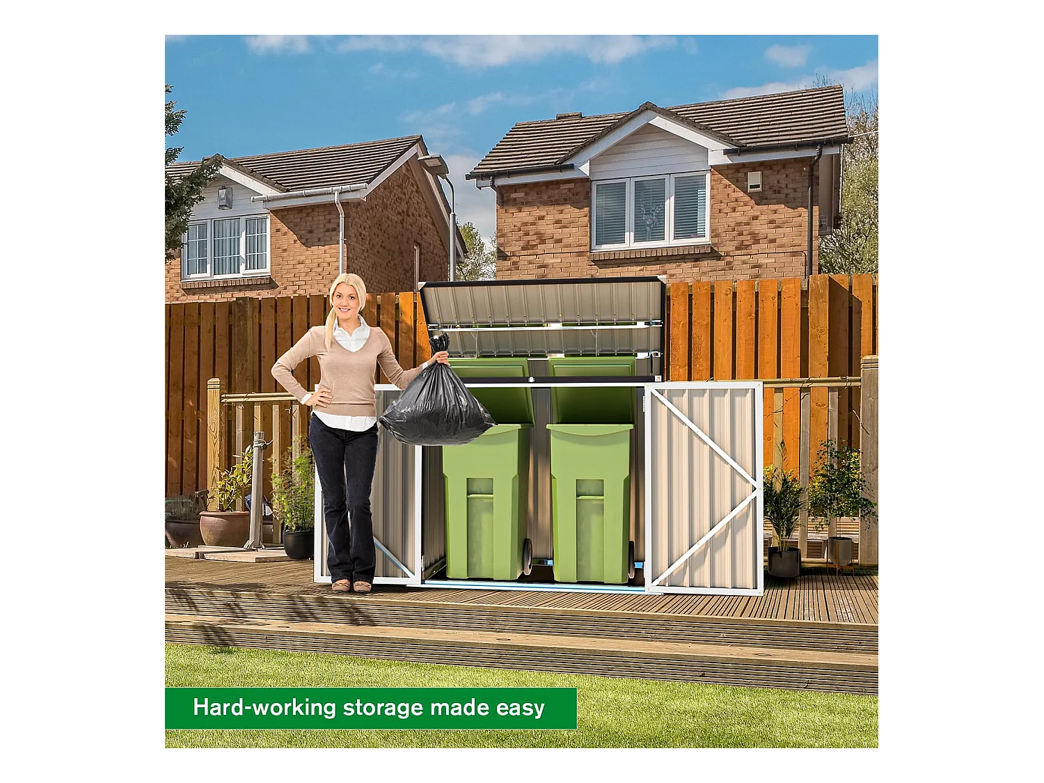 YODOLLA Cache Poubelle Exterieur en Métal, Abri pour 2 Poubelles 240L, Rangement Exterieur pour Outils,Vélo Enfant,150 x 80 x 117.6cm(Blanc)