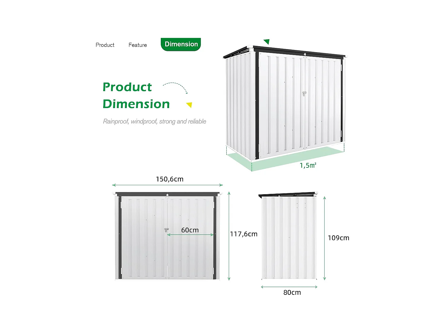 YODOLLA Cache Poubelle Exterieur en Métal, Abri pour 2 Poubelles 240L, Rangement Exterieur pour Outils,Vélo Enfant,150 x 80 x 117.6cm(Blanc)