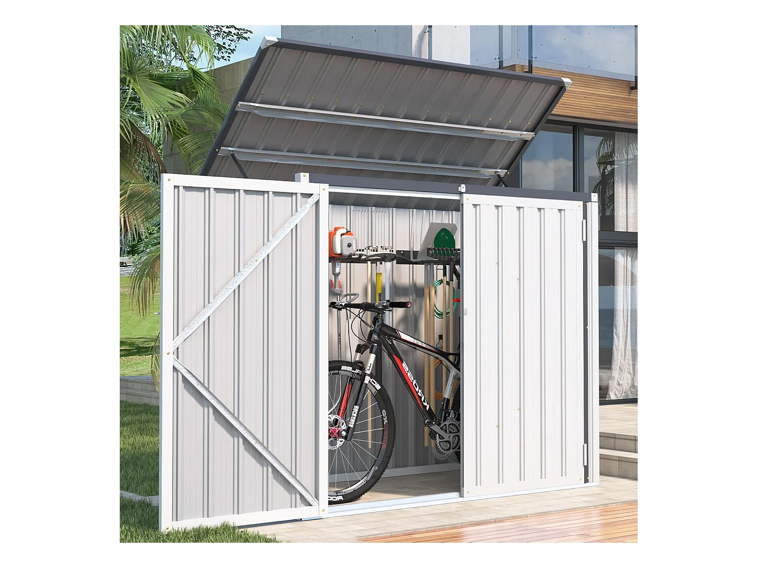 YODOLLA Cache Poubelle Exterieur en Métal, Abri pour 2 Poubelles 240L, Rangement Exterieur pour Outils,Vélo Enfant,150 x 80 x 117.6cm(Blanc)