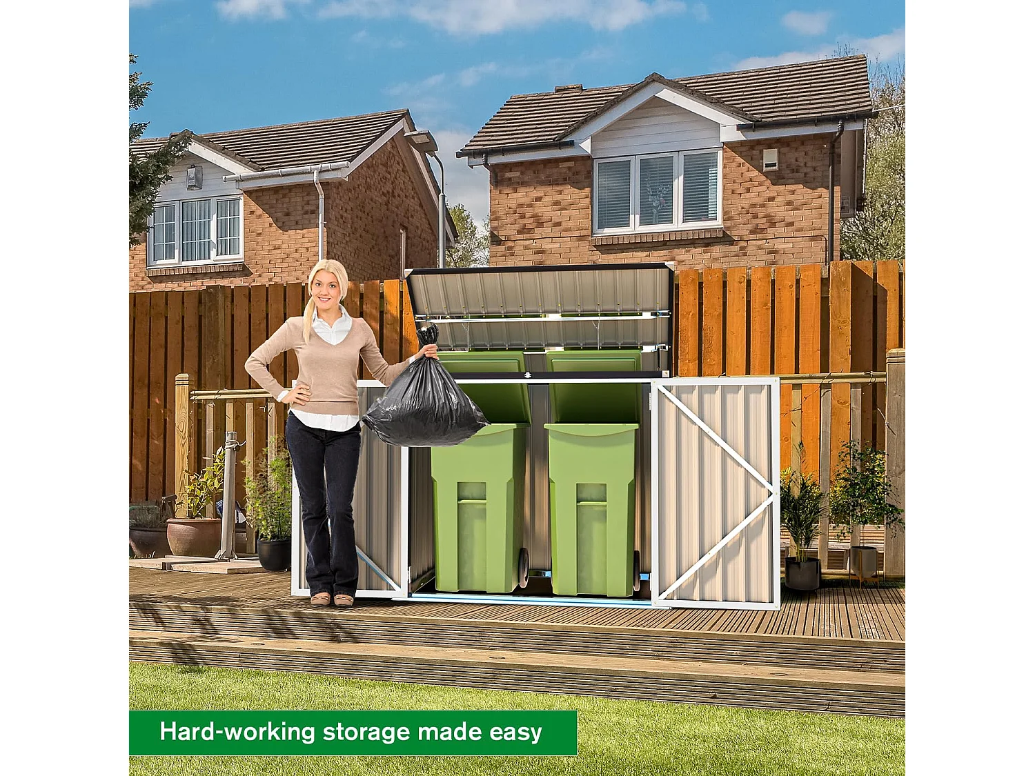 YODOLLA Cache Poubelle Exterieur en Métal, Abri pour 2 Poubelles 240L, Rangement Exterieur pour Outils,Vélo Enfant,150 x 80 x 117.6cm(Blanc)