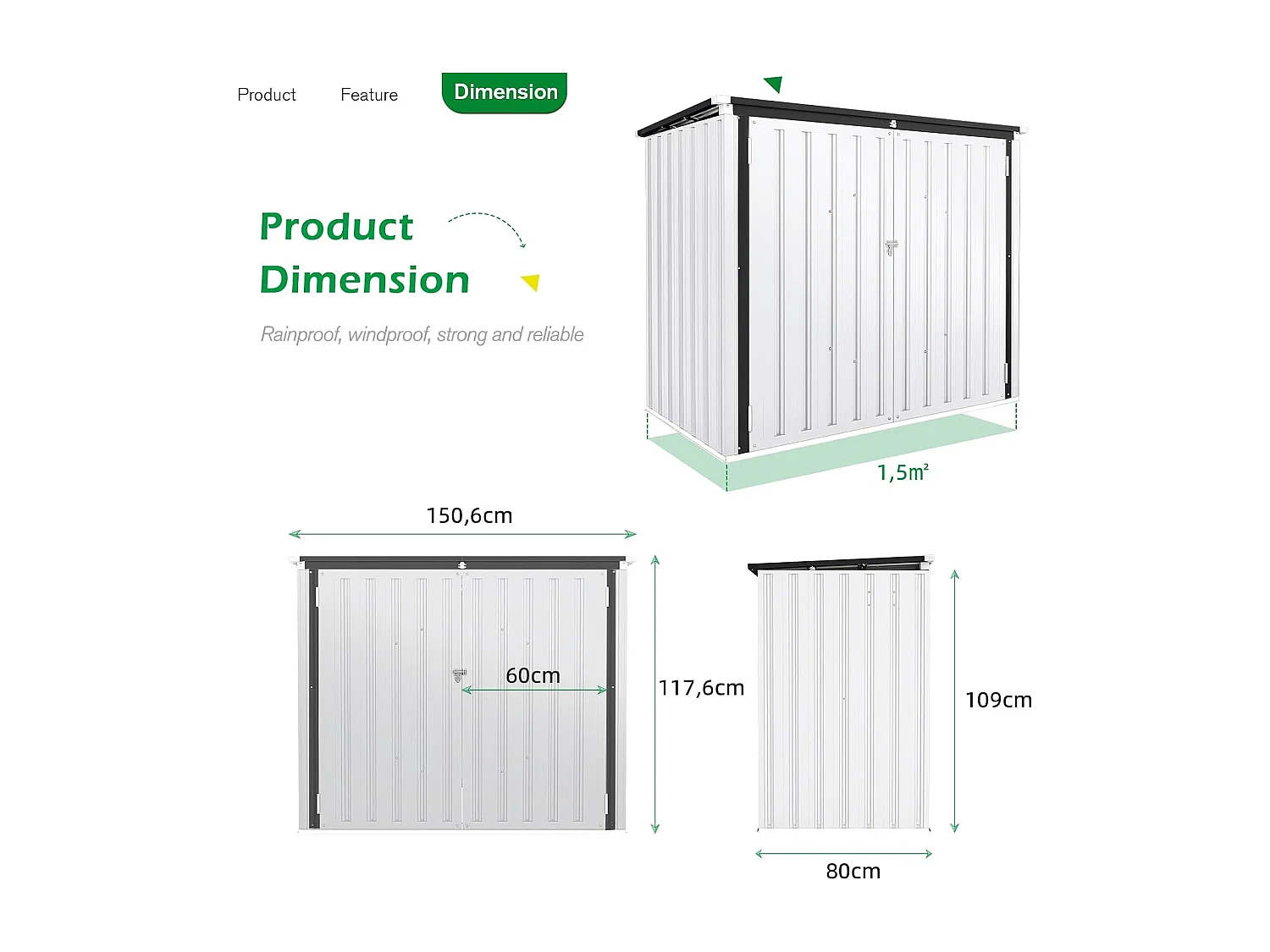YODOLLA Cache Poubelle Exterieur en Métal, Abri pour 2 Poubelles 240L, Rangement Exterieur pour Outils,Vélo Enfant,150 x 80 x 117.6cm(Blanc)