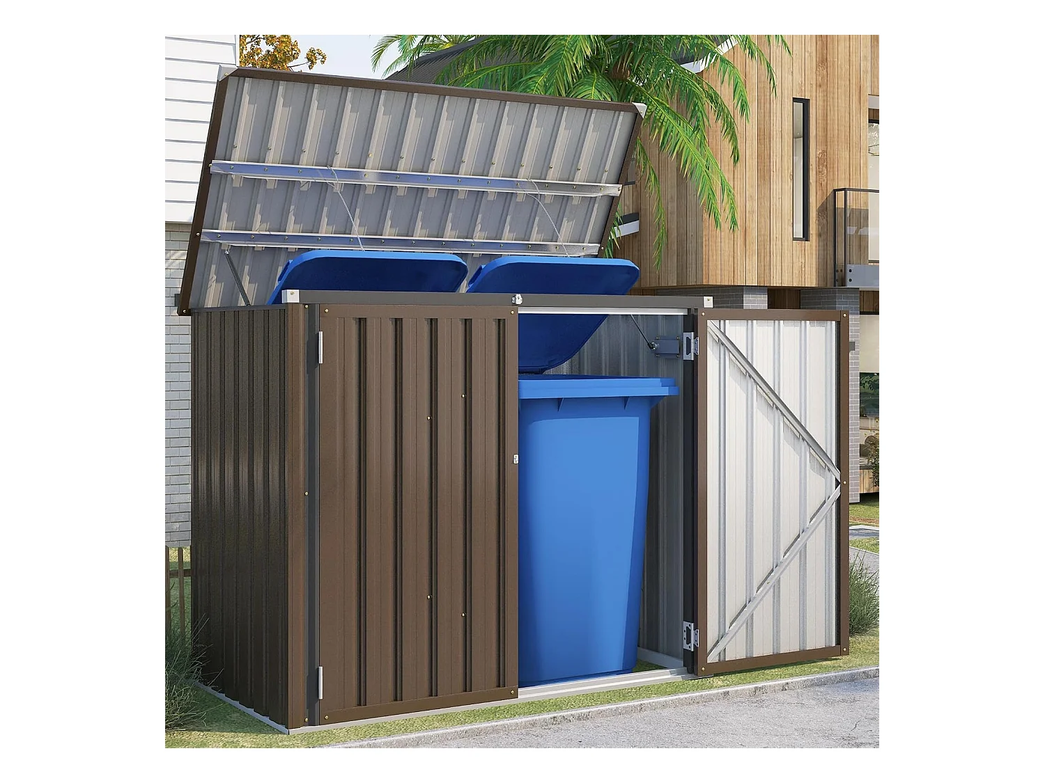 YODOLLA Cache Poubelle Exterieur en Métal, Abri pour 2 Poubelles 240L, Rangement Exterieur pour Outils,Vélo Enfant,150 x 80 x 117.6cm(Brun)