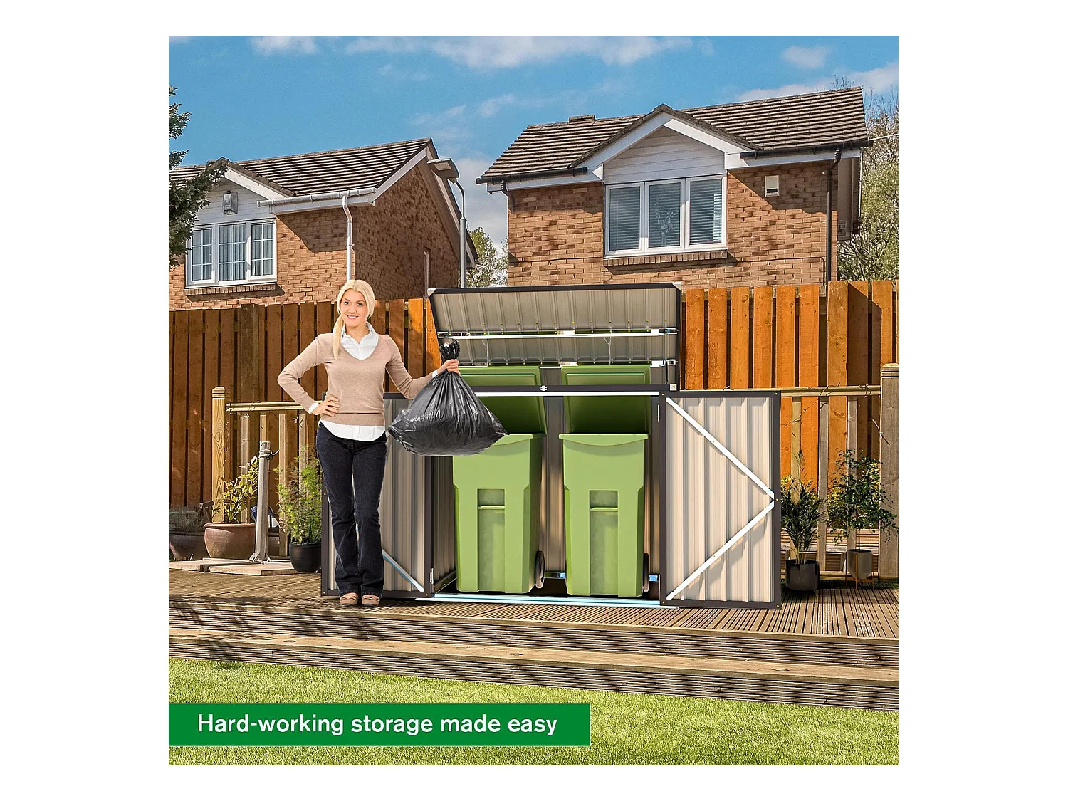 YODOLLA Cache Poubelle Exterieur en Métal, Abri pour 2 Poubelles 240L, Rangement Exterieur pour Outils,Vélo Enfant,150 x 80 x 117.6cm(Brun)