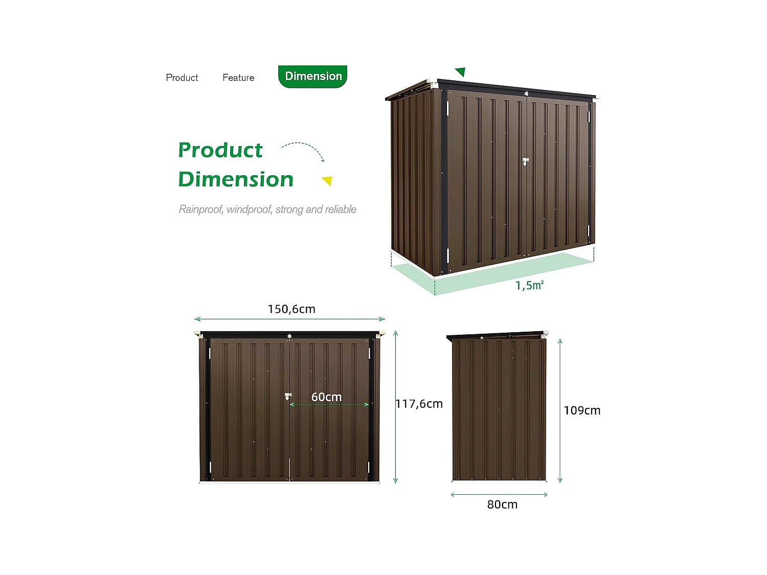 YODOLLA Cache Poubelle Exterieur en Métal, Abri pour 2 Poubelles 240L, Rangement Exterieur pour Outils,Vélo Enfant,150 x 80 x 117.6cm(Brun)