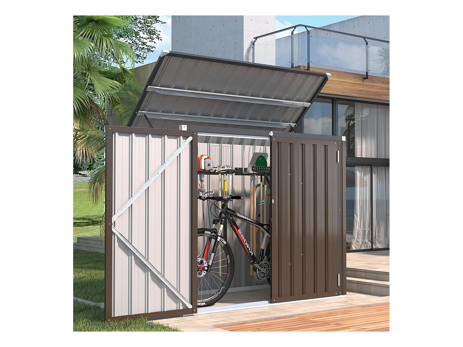 YODOLLA Cache Poubelle Exterieur en Métal, Abri pour 2 Poubelles 240L, Rangement Exterieur pour Outils,Vélo Enfant,150 x 80 x 117.6cm(Brun)