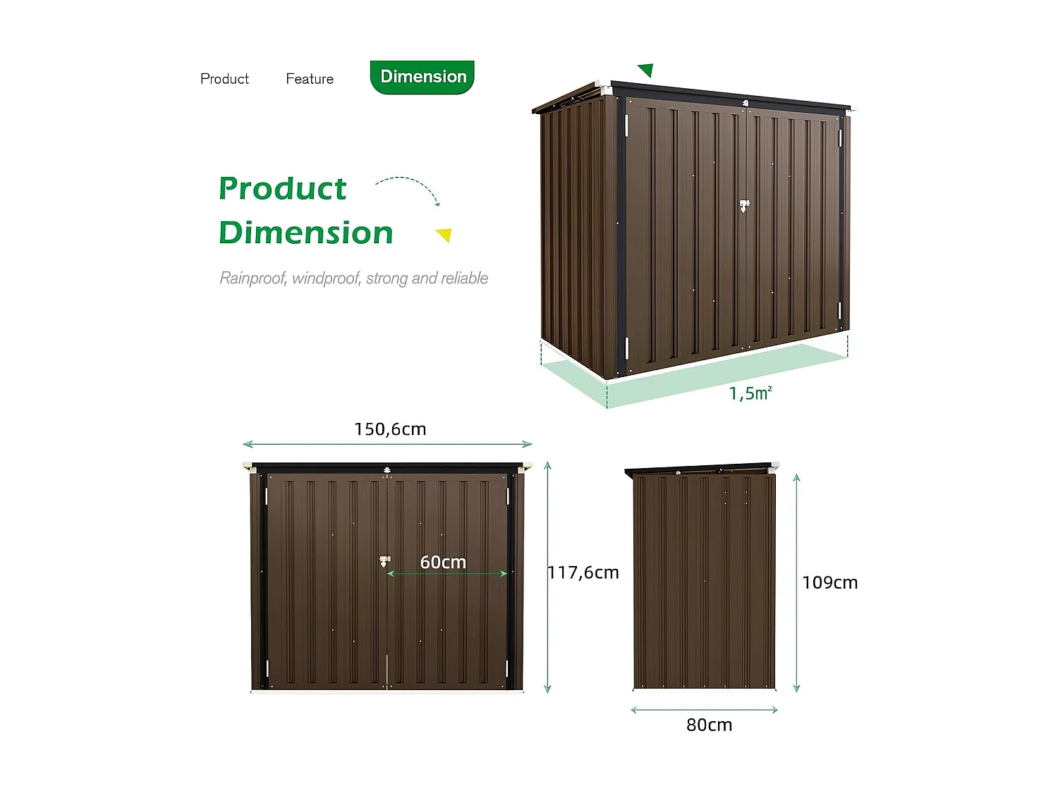 YODOLLA Cache Poubelle Exterieur en Métal, Abri pour 2 Poubelles 240L, Rangement Exterieur pour Outils,Vélo Enfant,150 x 80 x 117.6cm(Brun)