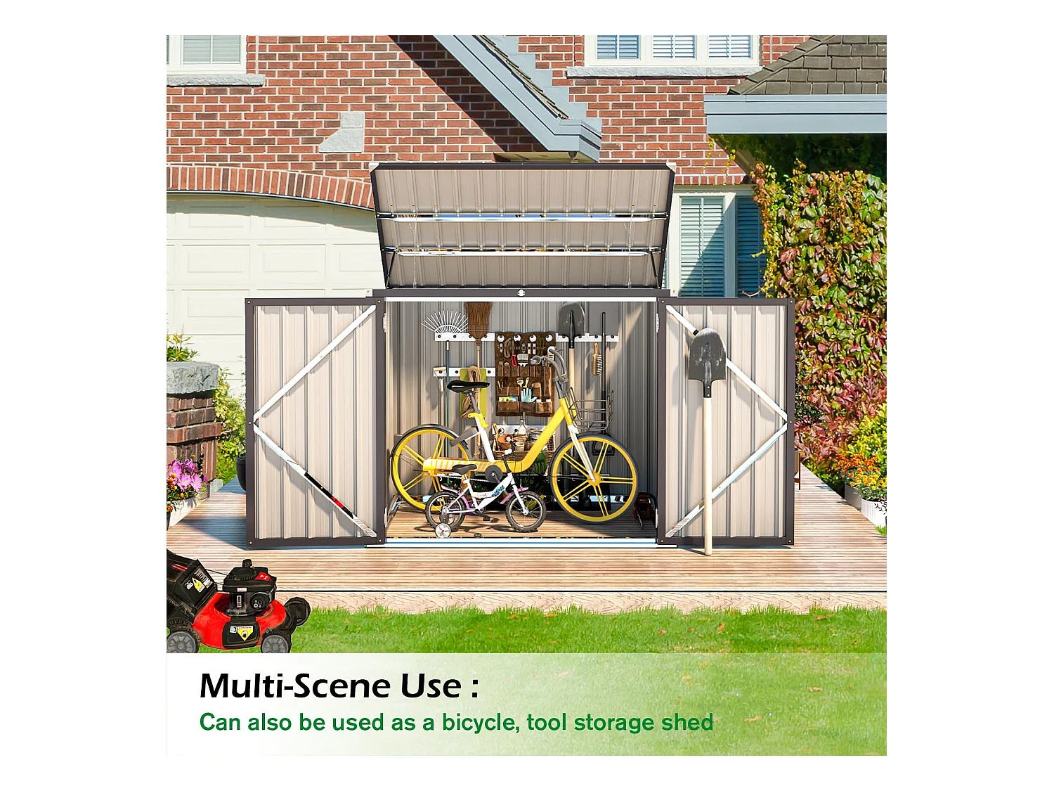 YODOLLA Cache Poubelle Exterieur en Métal, Abri pour 2 Poubelles 240L, Rangement Exterieur pour Outils,Vélo Enfant,150 x 80 x 117.6cm(Gris)