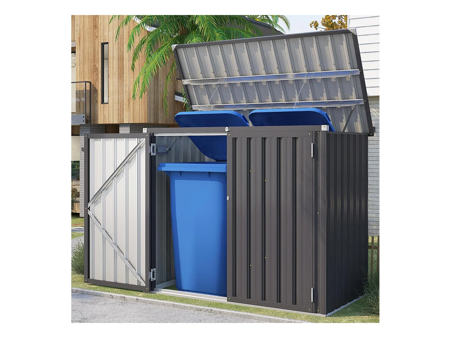 YODOLLA Cache Poubelle Exterieur en Métal, Abri pour 2 Poubelles 240L, Rangement Exterieur pour Outils,Vélo Enfant,150 x 80 x 117.6cm(Gris)