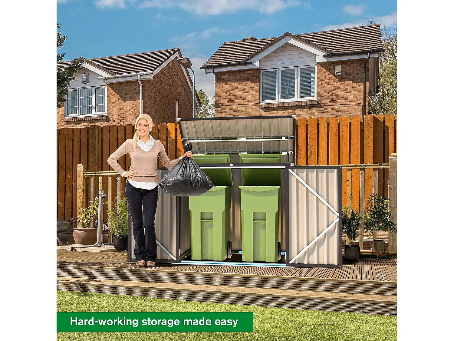 YODOLLA Cache Poubelle Exterieur en Métal, Abri pour 2 Poubelles 240L, Rangement Exterieur pour Outils,Vélo Enfant,150 x 80 x 117.6cm(Gris)