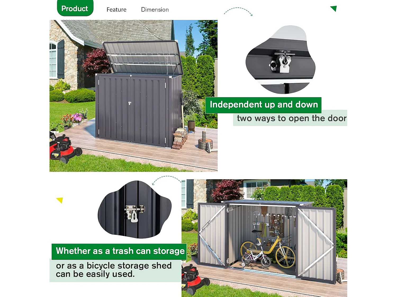 YODOLLA Cache Poubelle Exterieur en Métal, Abri pour 2 Poubelles 240L, Rangement Exterieur pour Outils,Vélo Enfant,150 x 80 x 117.6cm(Gris)