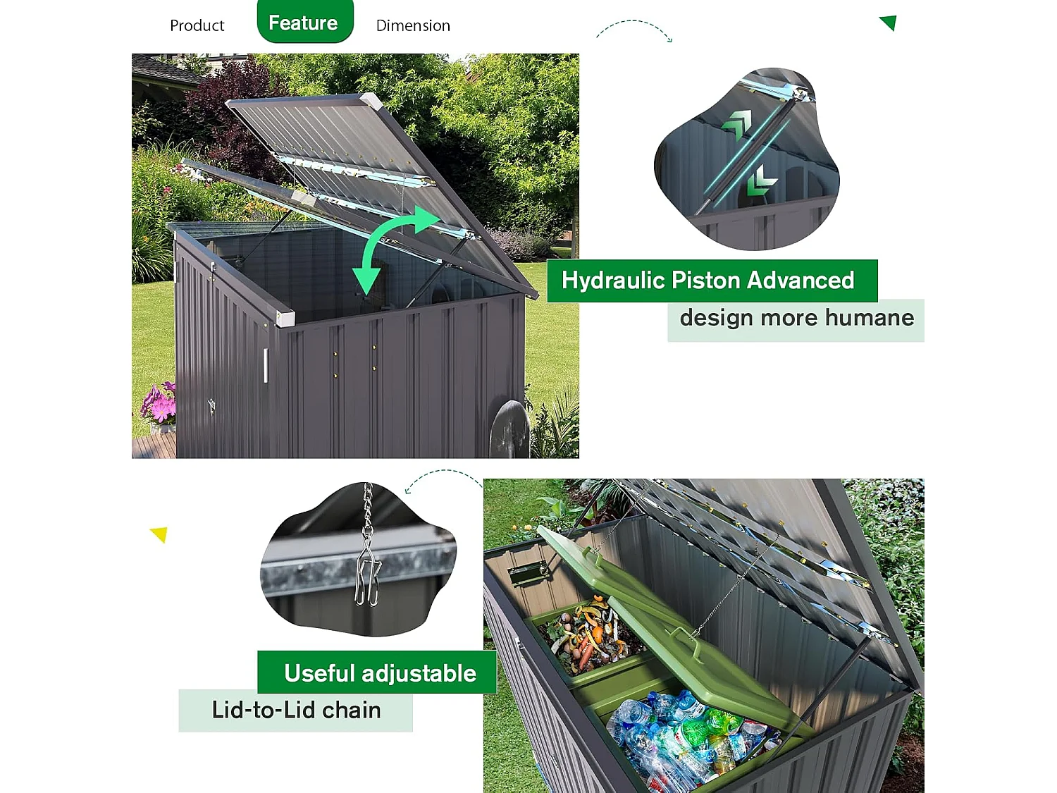 YODOLLA Cache Poubelle Exterieur en Métal, Abri pour 2 Poubelles 240L, Rangement Exterieur pour Outils,Vélo Enfant,150 x 80 x 117.6cm(Gris)