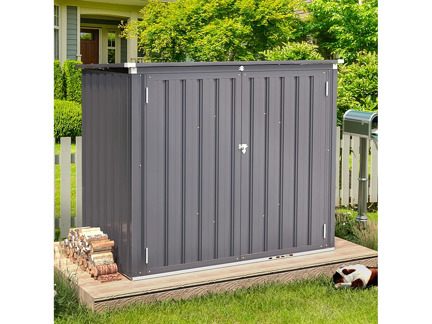 YODOLLA Cache Poubelle Exterieur en Métal, Abri pour 2 Poubelles 240L, Rangement Exterieur pour Outils,Vélo Enfant,150 x 80 x 117.6cm(Gris)