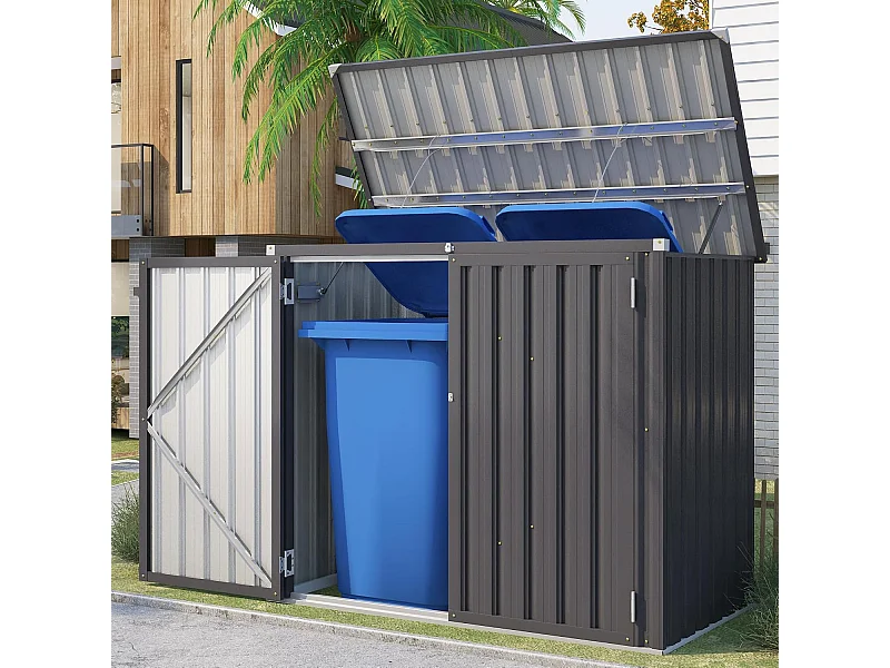 YODOLLA Cache Poubelle Exterieur en Métal, Abri pour 2 Poubelles 240L, Rangement Exterieur pour Outils,Vélo Enfant,150 x 80 x 117.6cm(Gris)